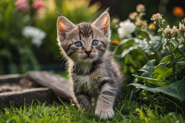 Een paar speelse kittens die in de tuin spelen