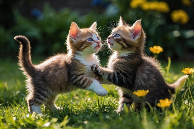 Een paar speelse kittens die in de tuin spelen