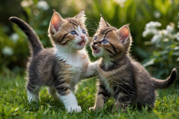 Een paar speelse kittens die in de tuin spelen