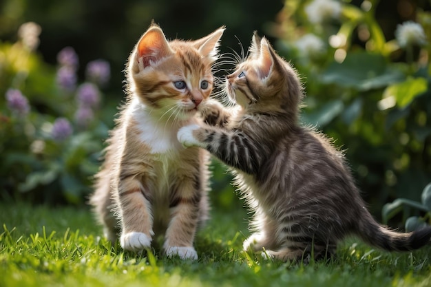 Een paar speelse kittens die in de tuin spelen