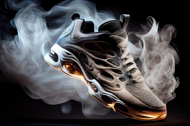 Een paar sportschoenen omgeven door een magische rook die glinstert en gloeit in het licht