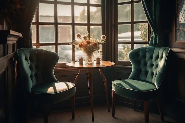 een paar stoelen en een tafel zijn naast elkaar opgesteld