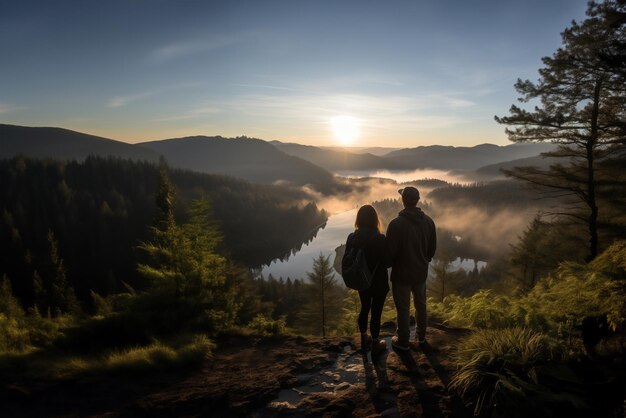 Een paar toeristen met achtergrondverlichting in een bergachtig landschap Generatieve AI-afbeelding