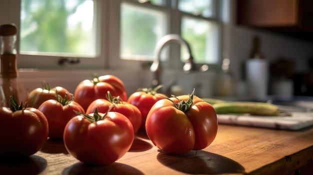 Foto een paar tomaten in de vage keuken.