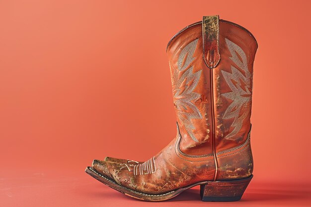 Een paar versleten cowboy laarzen tegen een levendige oranje achtergrond