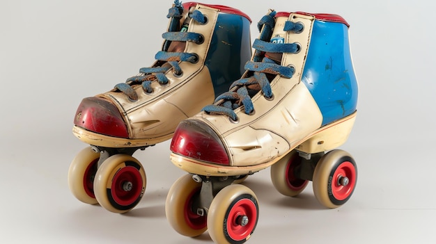 Foto een paar vintage rolschaatsen met rode en blauwe accenten de schaatsen zijn goed gedragen