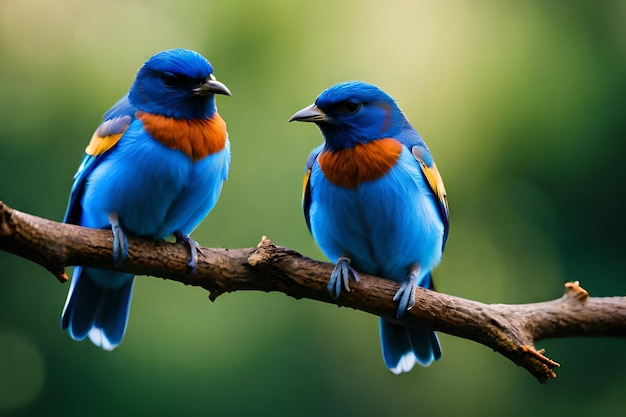 Een paar vogels met blauwe en oranje vleugels zitten op een tak.