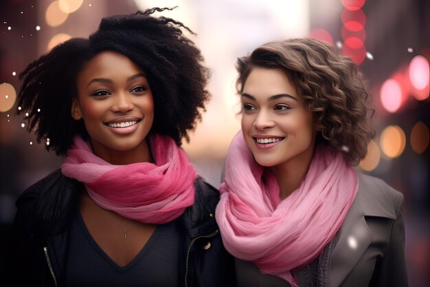 Foto een paar vrouwen, de ene afro en de andere met roze haar, dragen roze sjaals vanwege borstkanker