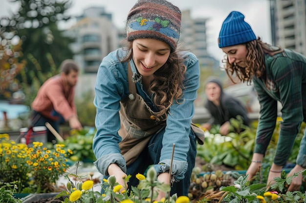 Foto een paar vrouwen die in een tuin werken.