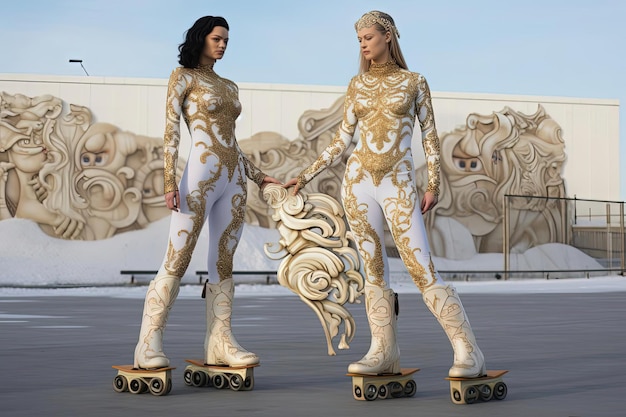 een paar vrouwen die sneakers en ijs schaatsen dragen staan op een parkeerplaats in de stijl van licht