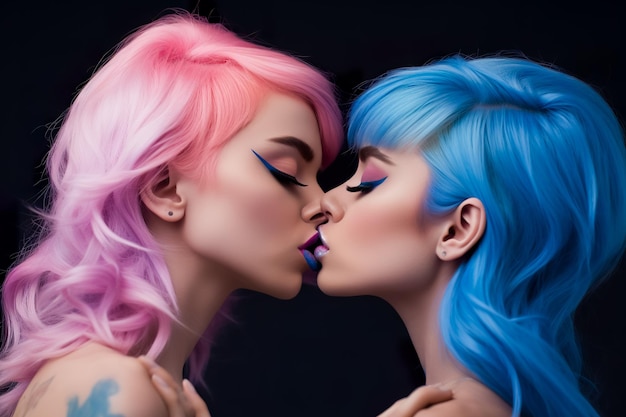 Een paar vrouwen met blauwe en roze haarkleur kussen elkaar LGBT
