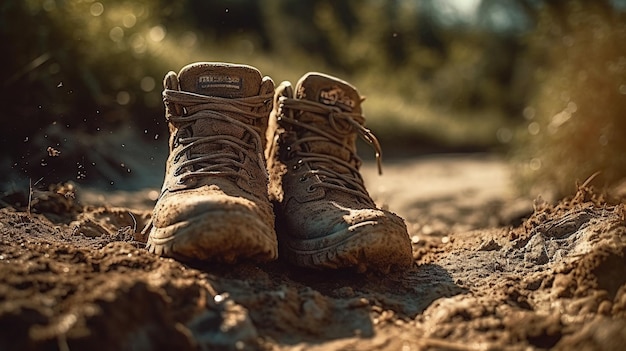 Een paar vuile wandelschoenen op een onverharde grond met op de zijkant het woord 'opgehemeld'. '