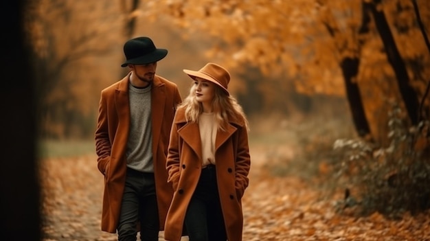 Een paar wandelen in een park in de herfst