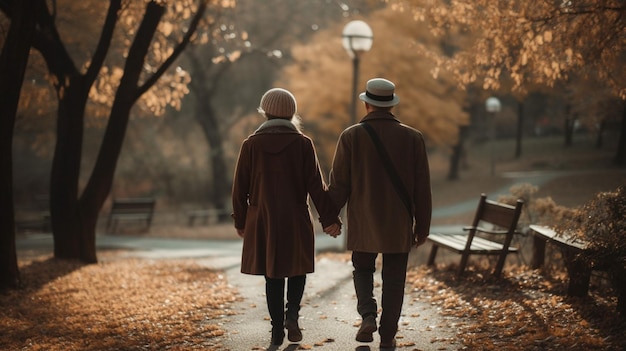 Een paar wandelen in het park hand in hand