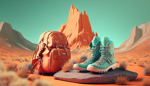 Een paar wandelschoenen en een rugzak zitten op een rots in de woestijn.