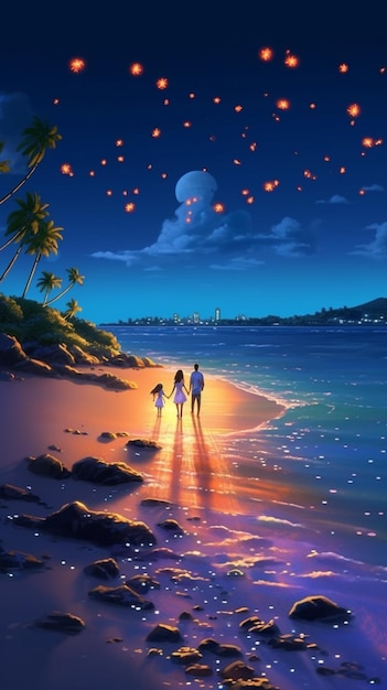 een paar wandelt op het strand 's nachts met lantaarns in de lucht generatieve ai