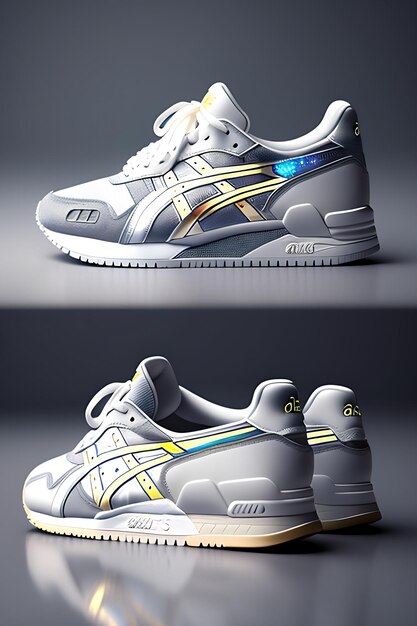 een paar witte en holografische Asics-sneakers op een witte