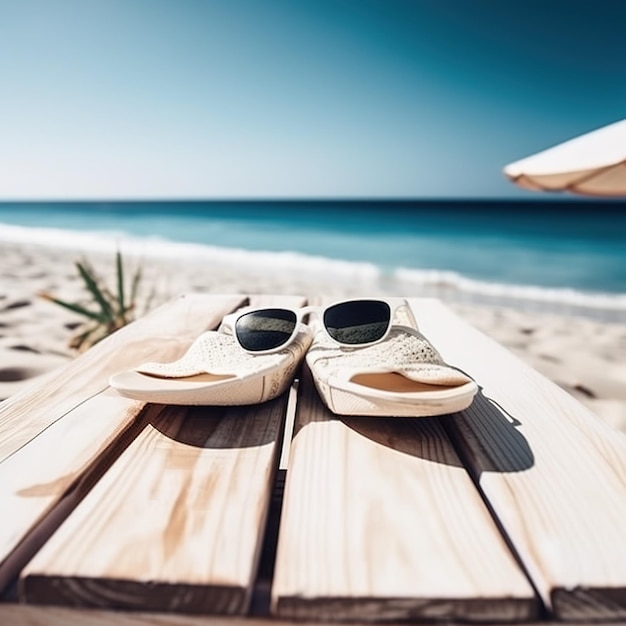 Een paar witte sandalen zitten op een houten tafel op een strand.