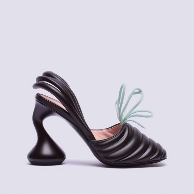 Foto een paar zwarte schoenen met hoge hakken met een groene plant in het midden.