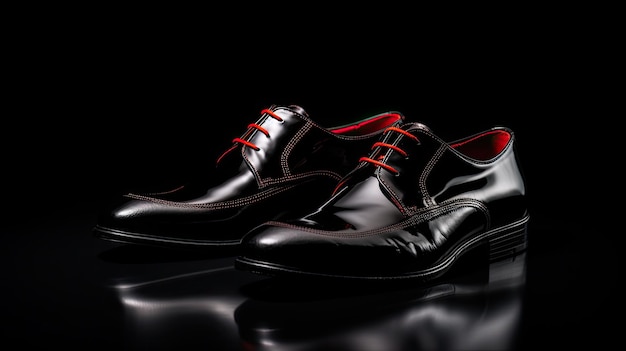 een paar zwarte schoenen met rode en zwarte veters.