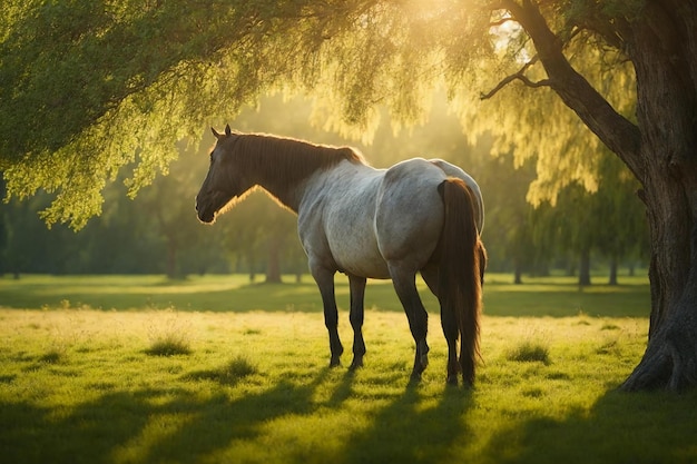 een paard dat graast in een serene weide omringd door weelderig groen gras en kleurrijke wilde bloemen
