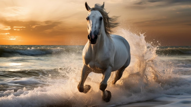 Een paard dat op het strand rent bij zonsondergang