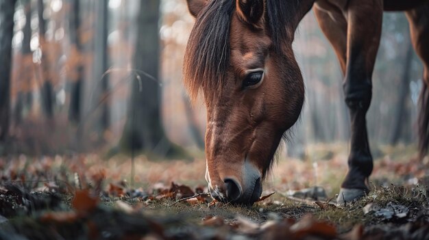 Foto een paard eet bladeren in het bos.