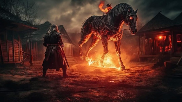 Een paard en een man in een duistere fantasiewereld