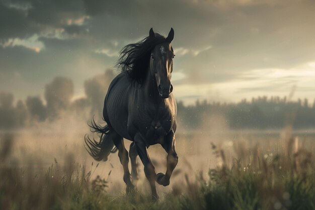 Een paard galoppeert vrij in een veld.