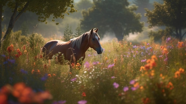 Een paard in een bloemenveld