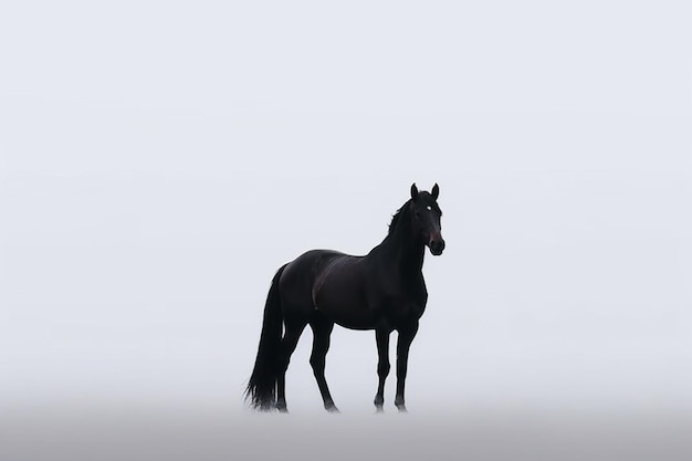 Een paard in een mistig veld met een zwart paard op de achtergrond.
