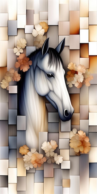 Een paard in een mozaïek schilderij met bloemen