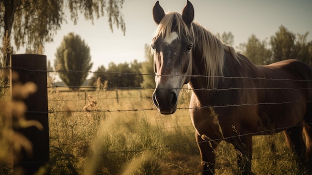 Een paard in een weiland met een hek op de achtergrond
