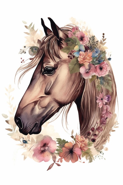 Een paard met een bloemenkop in een bloemenkop.
