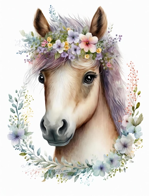 Een paard met een bloemenkrans