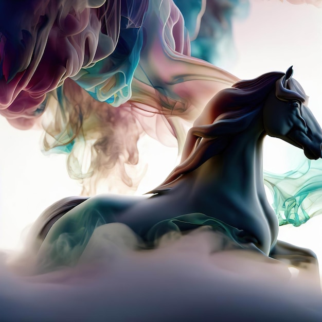 Foto een paard met een manen en staart is omringd door rook.