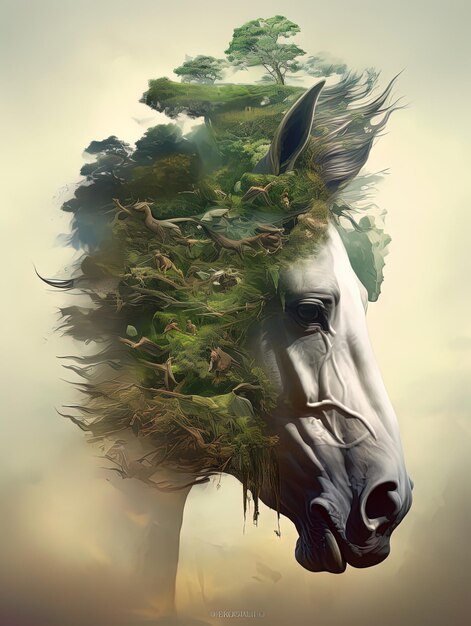 een paard met een paardenhoofd en een groene achtergrond