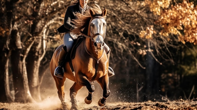 een paard met een ruiter op zijn rug rijdt door het bos.