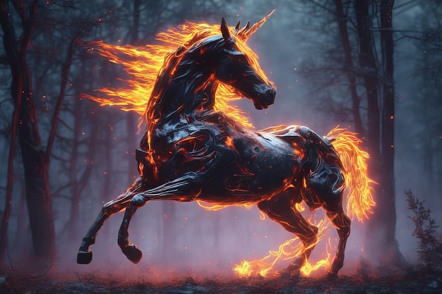 een paard met een vlam op zijn rug staat in brand.