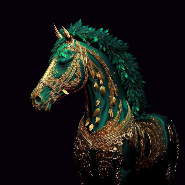 Een paard met gouden en groene ontwerpen staat op een zwarte achtergrond.