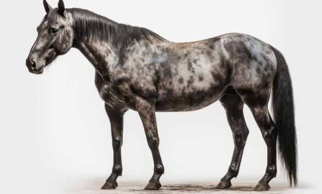 Een paard met zwarte manen en een witte achtergrond