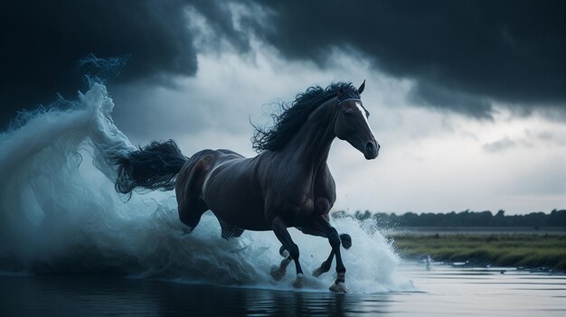 Een paard rent door de woestijn met een zonsondergang op de achtergrond