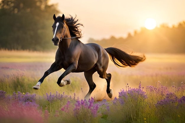 Foto een paard rent door een bloemenveld.