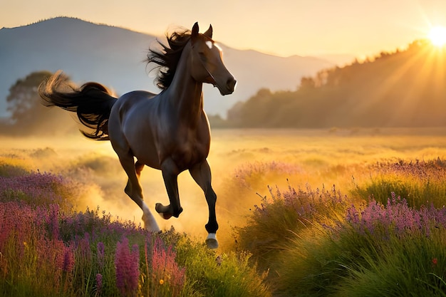 Een paard rent door een bloemenveld.