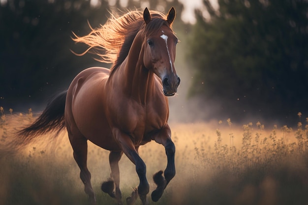 Een paard rent door een veld met een zonsondergang op de achtergrond.