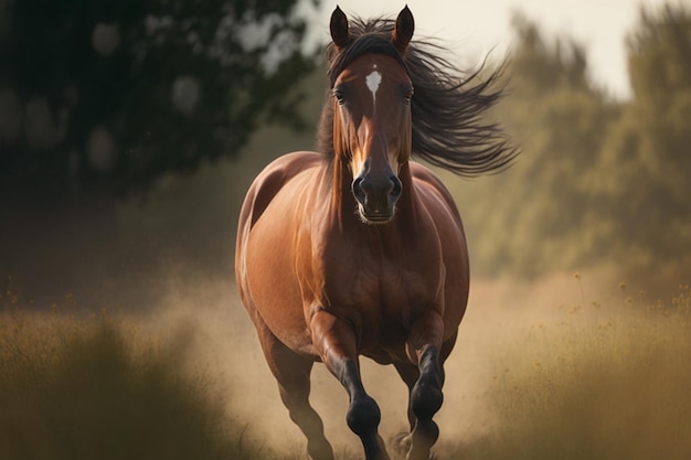 Een paard rent door een weiland terwijl de zon op zijn gezicht schijnt.