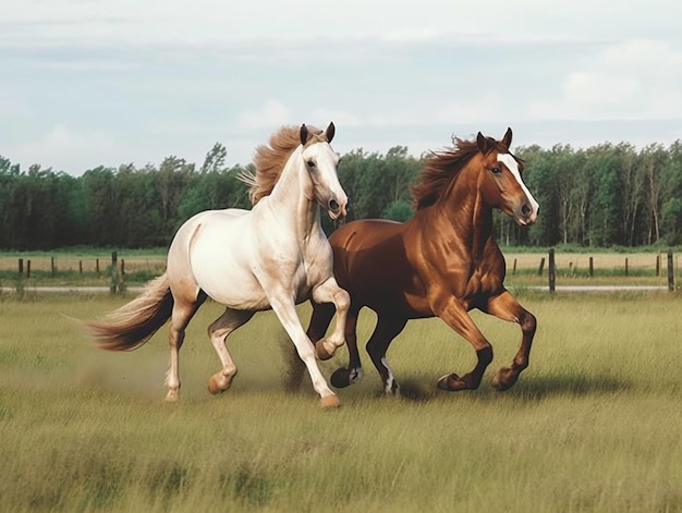 Een paard rent in een weiland met een hek op de achtergrond.