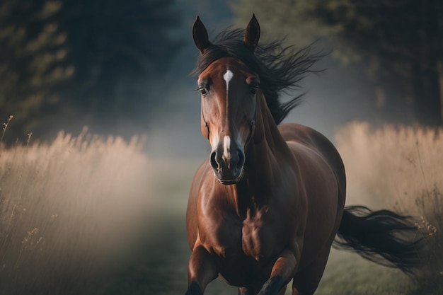 Een paard rent op een pad in een veld