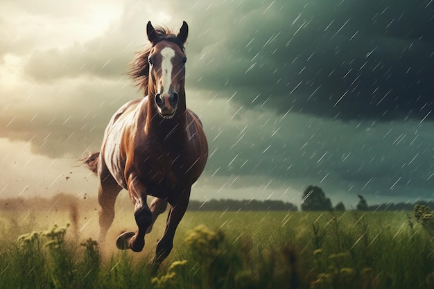 Een paard rent snel door een weiland bij stormachtig weer Generatie AI