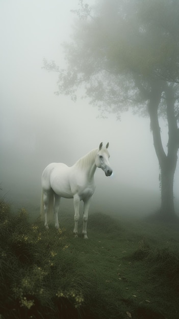 Een paard staat in een mistig veld met een boom op de achtergrond.